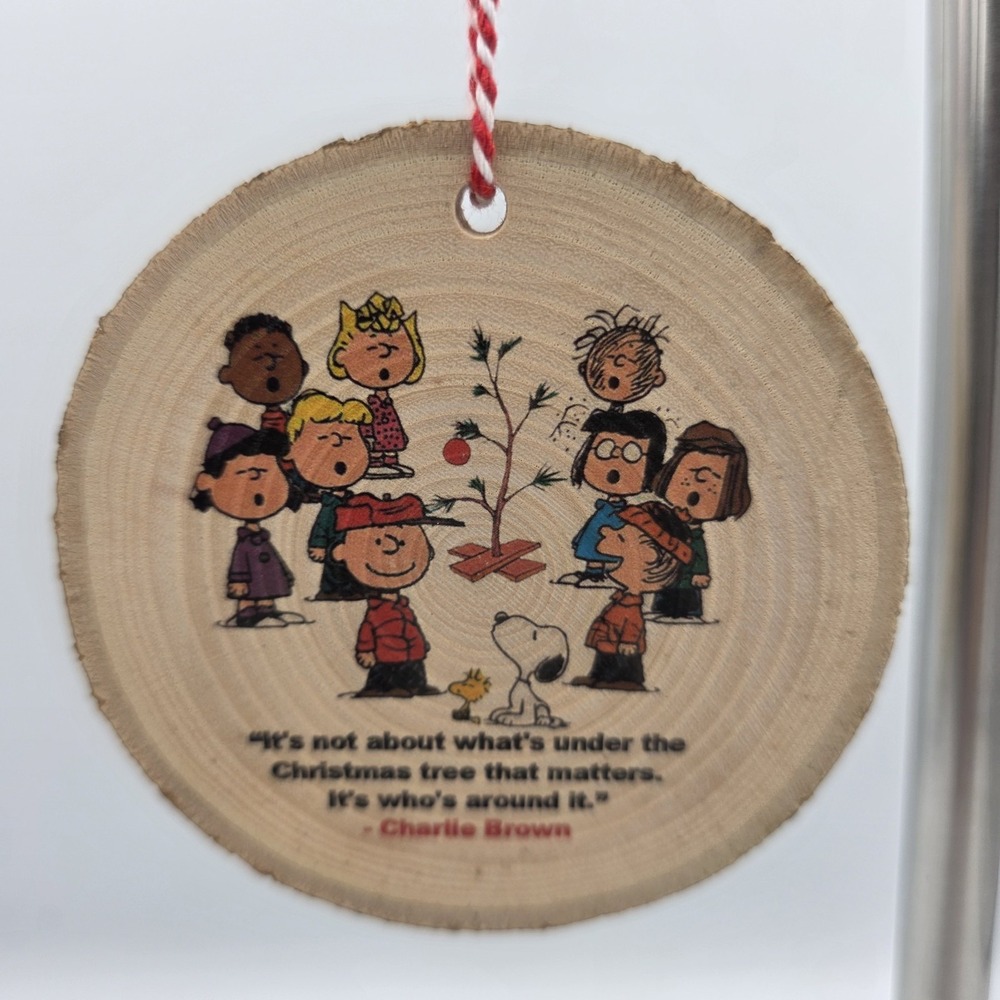 Charlie Brown Snoopy Peanuts Christmas Ornament Round Wood Rustic 3 3/8"
